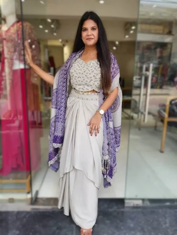 DESIGNER CREEP SILK EMBROIDERY SEQUENCE WITH REAL MIRROR WORK DRAPE SKIRT BLOUSE AND SHRUG PURPLE