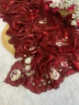 DESIGNER FENDY SATIN HAND WORK AND PATCH WORK BUTTA WORK SAREE WITH UNSTITCHED BLOUSE MAROON