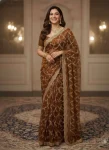DESIGNER SPACE SILK CUT WORK AND RICH FLOWER SEQUENCE EMBRODERY WORK SAREE WITH UNSTITCHED BLOUSE CHIKU