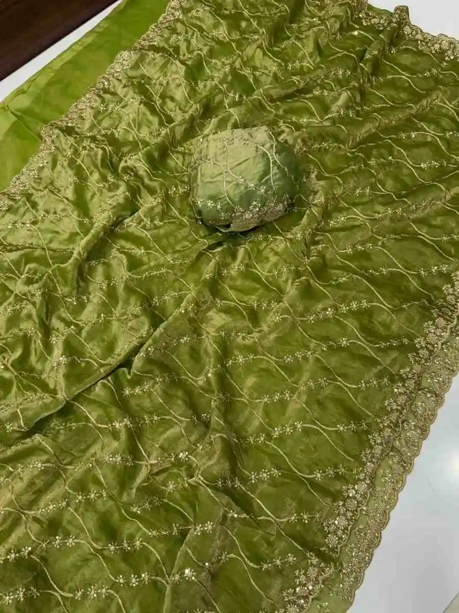 4DESIGNER SPACE SILK SEQUENCE EMBROIDERY WORK WITH CUT BORDER WORK SAREE WITH UNSTITCHED BLOUSE WEDDING WEAR WHOLESALE PRICE ETHNIC GARMENT (5)