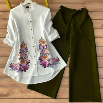 FANCY POLY RAYO PRINT WORK TUNIC TOP WITH PALAZZO MEHNDI