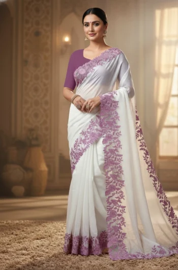 FANCY TABBY ORGANZA THREAD WORK AND ARCO BORDER WORK SAREE WITH UNSTITCHED BLOUSE WINE