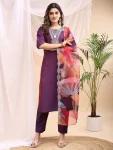 FANCY TAFETA SILK EMBROIDERY JARI WORK TOP BOTTOM WITH DUPATTA PURPLE