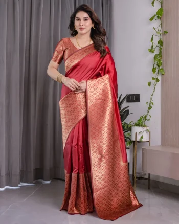 MODERN BANARASI SILK ZARI WOVEN WORK SAREE WITH UNSTITCHED BLOUSE RED
