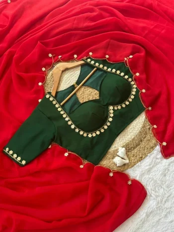 MODERN GEORGETTE HANDWORK KHATALI CUT DANA WITH MOTI & SMALL FLOWER BORDER WORK SAREE WITH STITCHED BLOUSE RED