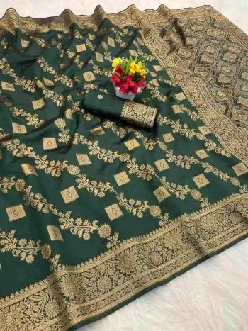 NEW ARRIVAL BANARASI SILK FLOWERS AND MINA & ZARI WEAVING WORK SAREE WITH UNSTITCHED BLOUSE GREEN