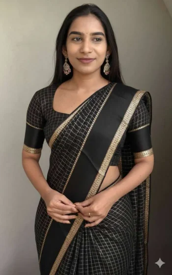 NEW ARRIVAL GEORGETTE CHECKS WEAVING AND STUNNING SATIN PATTA BORDER WORK SAREE WITH UNSTITCHED BLOUSE BLACK
