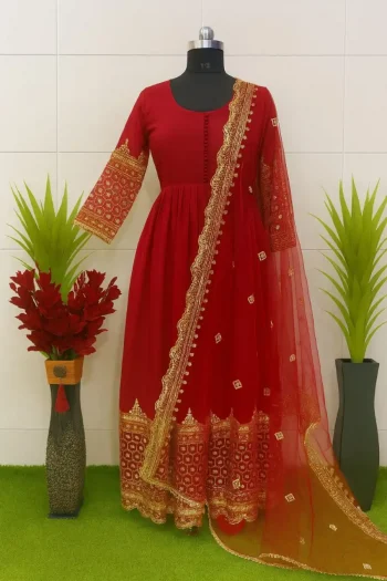 NEW ARRIVAL GEORGETTE MULTI SEQUENCE WORK GOWN WITH DUPATTA RED