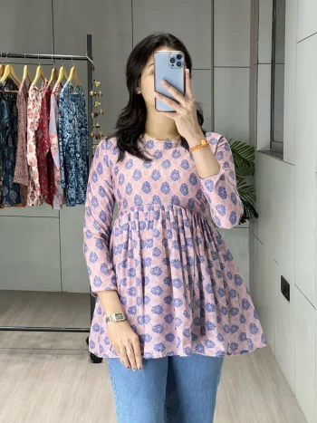 RICH LOOK CAMBRIC COTTON TRADITIONAL FLORAL PRINTED WORK ONLY TOP PINK