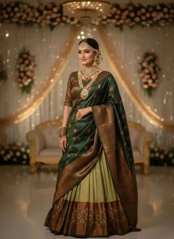 RICH LOOK KANJIVARAM SILK ZARI WEAVING WORK STITCHED LEHENGA UNSTITCHED CHOLI WITH DUPATTA PISTA AND GREEN