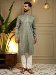 RICH LOOK KHADI COTTON EMBROIDERY MIRROR WORK MEN'S KURTA PAYJAMA GREY