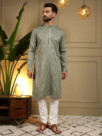 RICH LOOK KHADI COTTON EMBROIDERY MIRROR WORK MEN'S KURTA PAYJAMA GREY