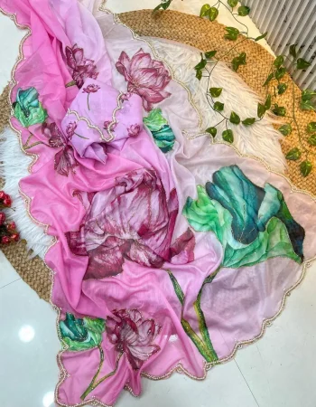 RICH LOOK ORGANZA FLORAL PRINTS WITH BEADS AND KATDANA HANDWORK SAREE WITH UNSTITCHED BLOUSE BABY PINK