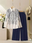 RICH LOOK POLY RAYON PRINTED WORK TOP PALAZZO SET NAVY BLUE