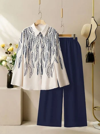 RICH LOOK POLY RAYON PRINTED WORK TOP PALAZZO SET NAVY BLUE