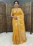 DESIGNER DOLA SILK ZARI MEENAKARI WOVEN PALLU WITH HEAVY WOVEN BORDER WORK SAREE WITH UNSTITCHED BLOUSE MUSTARD