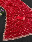 DESIGNER FENDY CHIFFON SILK SEQUENCE EMBROIDERY WORK WITH CUT WORK BORDER WORK SAREE WITH UNSTITCHED BLOUSE RED
