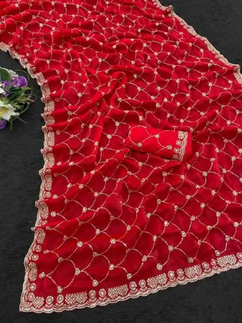 DESIGNER FENDY CHIFFON SILK SEQUENCE EMBROIDERY WORK WITH CUT WORK BORDER WORK SAREE WITH UNSTITCHED BLOUSE RED