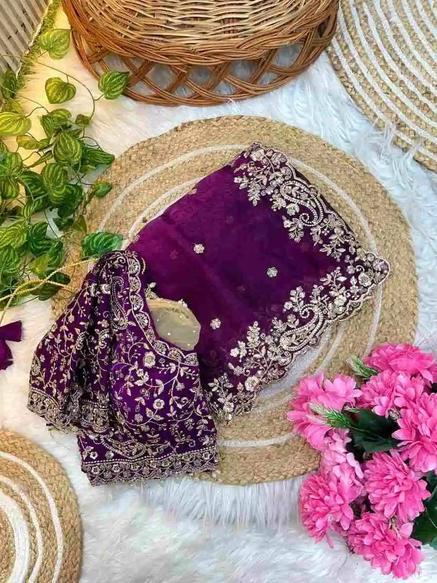 5DESIGNER FENDY SATIN EMBROIDERY SEQUENCE WORK HEAVY BORDER WITH BUTTI WORK SAREE WITH STITCHED BLOUSE WEDDING WEAR WHOLESALE PRICE ETHNIC GARMENT (6)