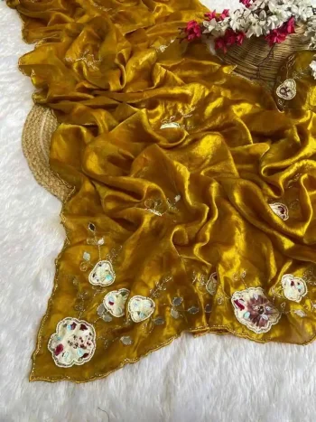 DESIGNER FENDY SATIN HAND WORK AND PATCH WORK BUTTA WORK SAREE WITH UNSTITCHED BLOUSE MUSTARD