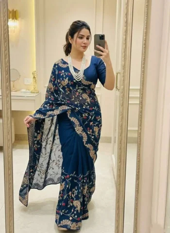 DESIGNER RANGOLI SILK CONTRAST PALLU EMBROIDERY WORK BORDER WORK SAREE WITH UNSTITCHED BLOUSE NAVY BLUE