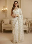 DESIGNER SPACE SILK CUT WORK AND RICH FLOWER SEQUENCE EMBRODERY WORK SAREE WITH UNSTITCHED BLOUSE WHITE
