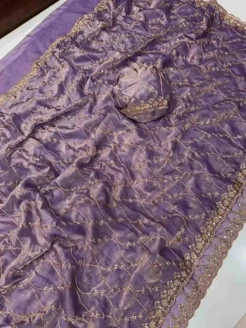 DESIGNER SPACE SILK SEQUENCE EMBROIDERY WORK WITH CUT BORDER WORK SAREE WITH UNSTITCHED BLOUSE LAVENDER