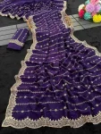 DESIGNER VICHITRA SILK ZARI WORK AND STONE WORK SAREE WITH UNSTITCHED BLOUSE PURPLE