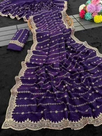 DESIGNER VICHITRA SILK ZARI WORK AND STONE WORK SAREE WITH UNSTITCHED BLOUSE PURPLE