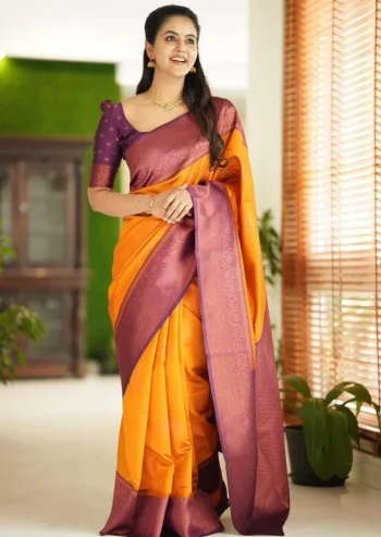 FANCY LICHI SILK RICH PALLU AND JACQUARD BORDER COPPER WORK SAREE WITH UNSTITCHED BLOUSE YELLOW