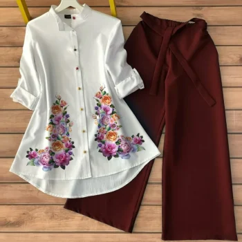 FANCY POLY RAYO PRINT WORK TUNIC TOP WITH PALAZZO MAROON