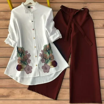 FANCY POLY RAYO PRINT WORK TUNIC TOP WITH PALAZZO MAROON