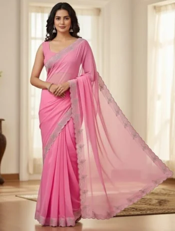 MODERN GEORGETTE HOTFIX WORK SAREE WITH UNSTITCHED BLOUSE BABY PINK