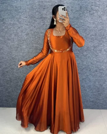 MODERN RANGOLI SILK HANDWORK GOWN KOTI WITH DUPATTA ORANGE