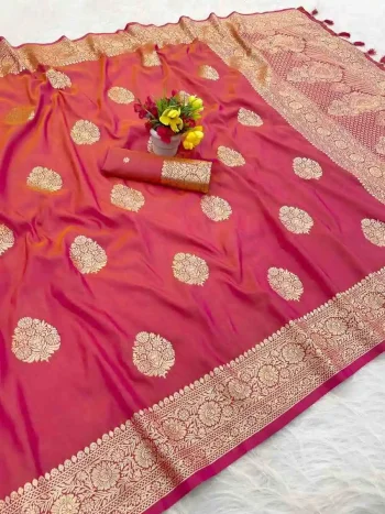 NEW ARRIVAL BANARASI SILK GOLDEN ZARI BUTTI WEAVING WORK SAREE WITH UNSTITCHED BLOUSE PEACH