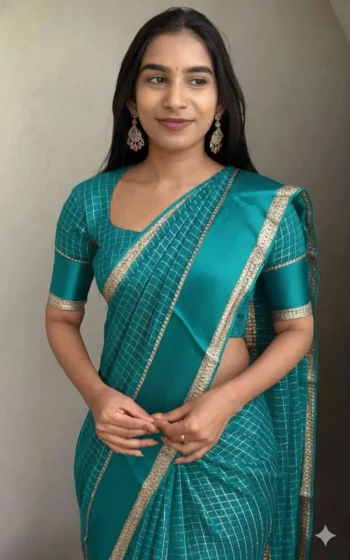 NEW ARRIVAL GEORGETTE CHECKS WEAVING AND STUNNING SATIN PATTA BORDER WORK SAREE WITH UNSTITCHED BLOUSE SKY