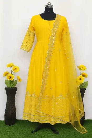 NEW ARRIVAL GEORGETTE MULTI SEQUENCE WORK GOWN WITH DUPATTA YELLOW