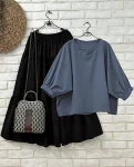 NEW ARRIVAL RAYON PLAIN TOP WITH LAYER SKIRT BALCK AND BLUE