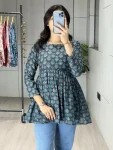 RICH LOOK CAMBRIC COTTON TRADITIONAL FLORAL PRINTED WORK ONLY TOP TEAL