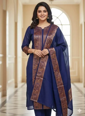 RICH LOOK KANCHI COTTON JACQUARD WEAVING WORK TOP WITH DUPATTA SET NAVY BLUE