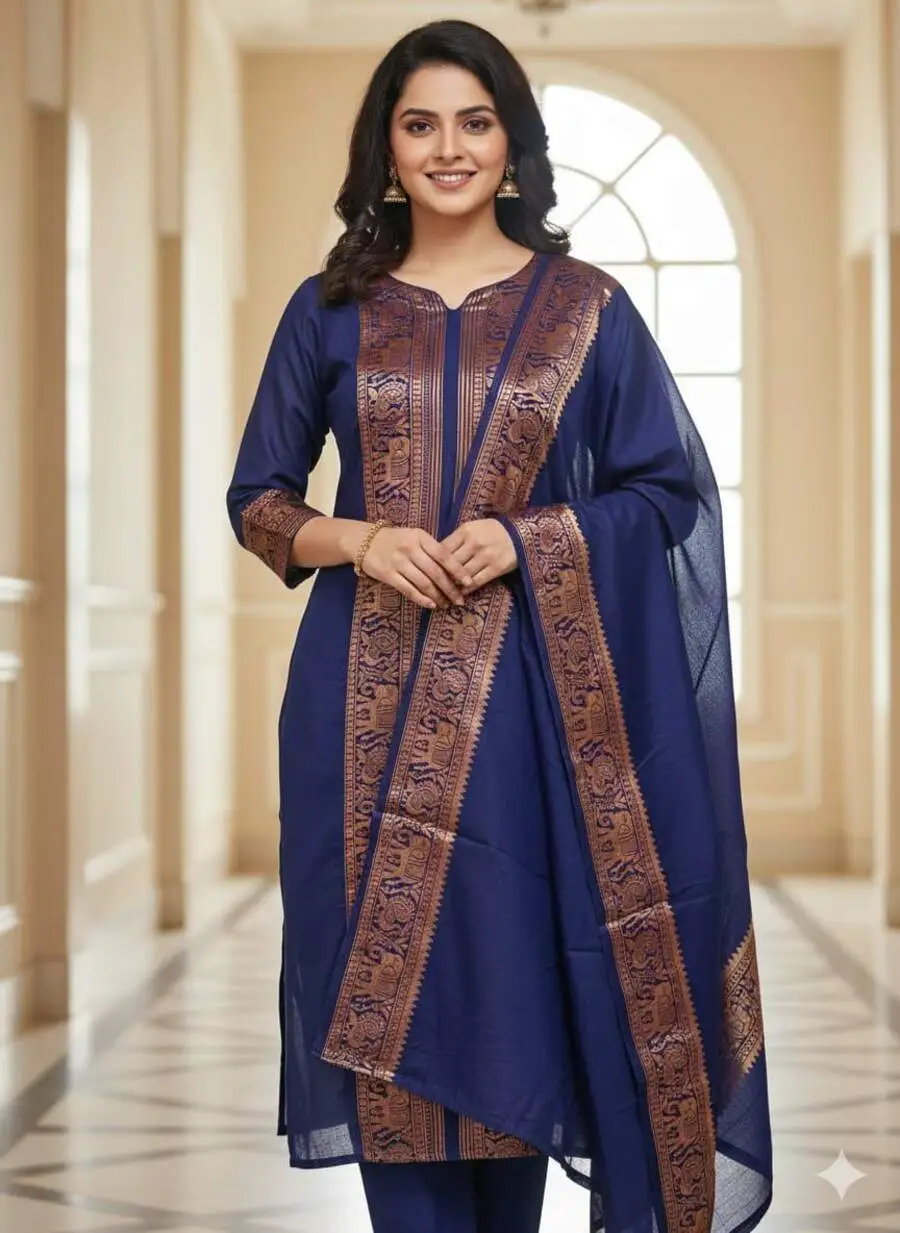 5RICH LOOK KANCHI COTTON JACQUARD WEAVING WORK TOP WITH DUPATTA SET OFFICE WEAR WHOLESALE PRICE ETHNIC GARMENT (11)