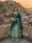 RICH LOOK KANJIVARAM SILK ZARI WEAVING WORK STITCHED LEHENGA UNSTITCHED CHOLI WITH DUPATTA TEAL AND RAMA
