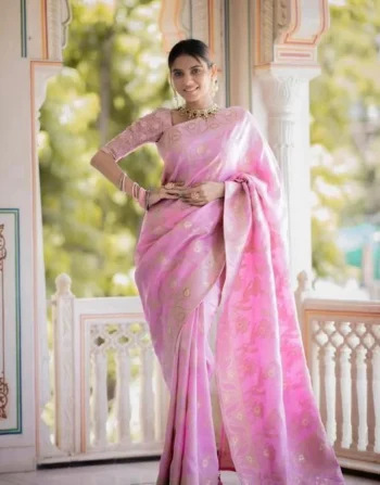 ATTRACTIVE LICHI SILK JACQUARD WORK SAREE WITH UNSTITCHED BLOUSE BABY PINK