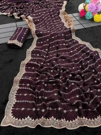 DESIGNER VICHITRA SILK ZARI WORK AND STONE WORK SAREE WITH UNSTITCHED BLOUSE DEEP PURPLE