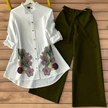 FANCY POLY RAYO PRINT WORK TUNIC TOP WITH PALAZZO MEHNDI