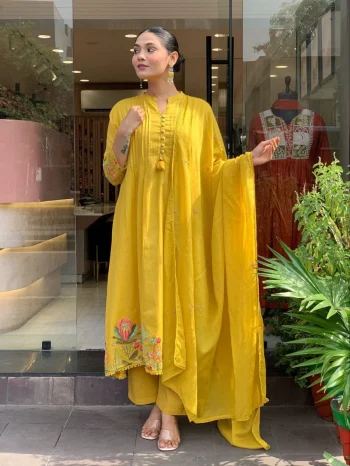 LATEST CHANDERI SILK EMBROIDERY WORK TOP BOTTOM WITH DUPATTA YELLOW