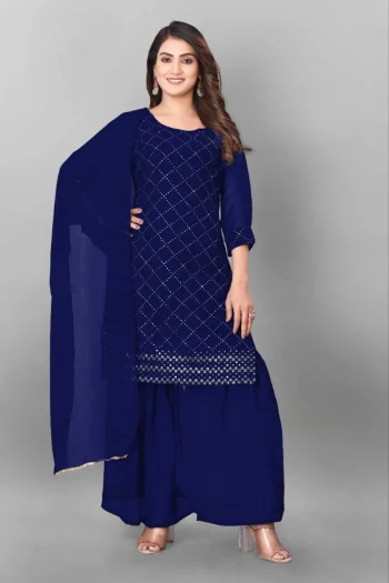 MODERN GEORGETTE EMBROIDERY WORK TOPM PALAZZO WITH DUPATTA BLUE
