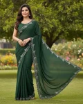MODERN GEORGETTE HOTFIX WORK SAREE WITH UNSTITCHED BLOUSE GREEN
