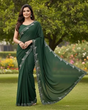 MODERN GEORGETTE HOTFIX WORK SAREE WITH UNSTITCHED BLOUSE GREEN
