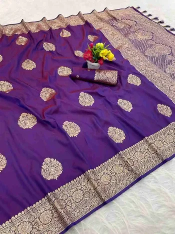 NEW ARRIVAL BANARASI SILK GOLDEN ZARI BUTTI WEAVING WORK SAREE WITH UNSTITCHED BLOUSE PURPLE